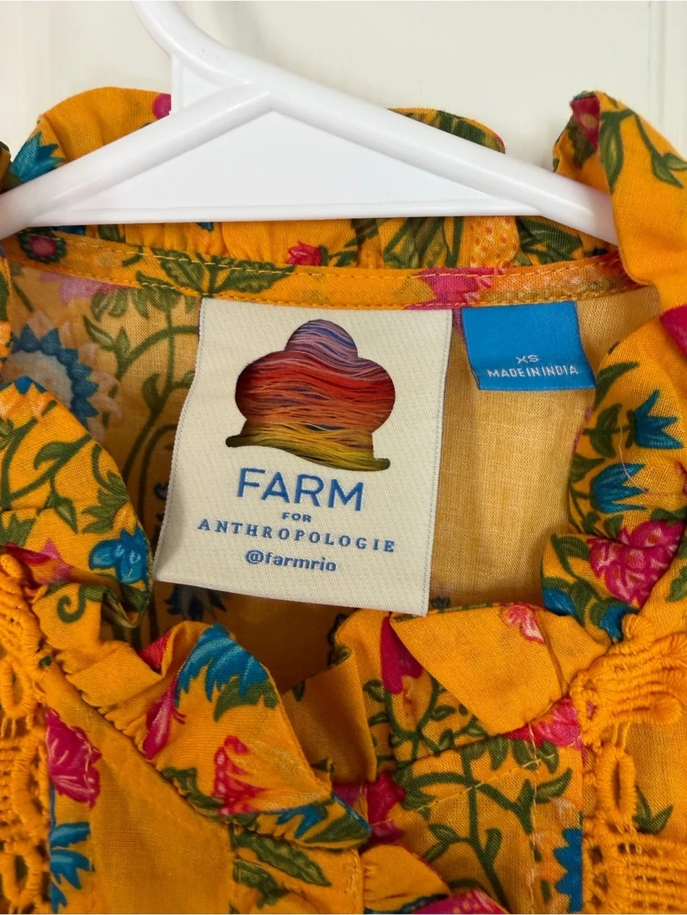 FARM Rio x Anthropologie Yellow Floral Puff-Sleeve Ruched Lace Blouse - size XS
